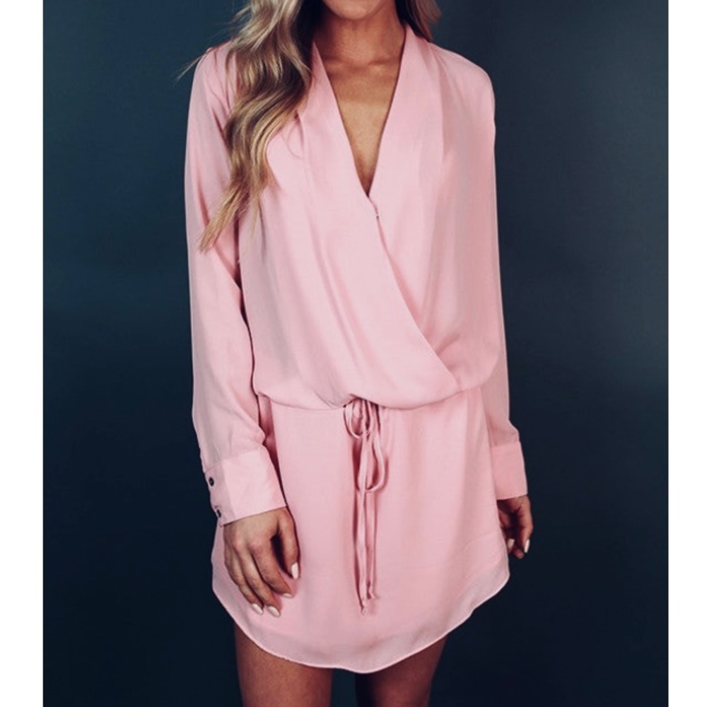 VICI Mauve Pink Wrap Top Long Sleeve Tie Waist Shirt Dress